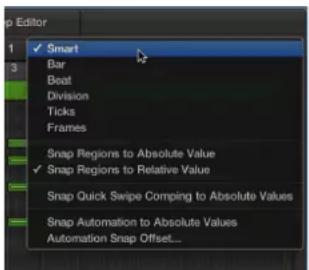 Edit Smart Bar Beat Division Ticks Frames Snap Regions to Absolute Value Snap Regions to Relative Value Snap Quick Swipe Comping to Absolute Values Snap Automation to Absolute Values Automation Snap Offset...