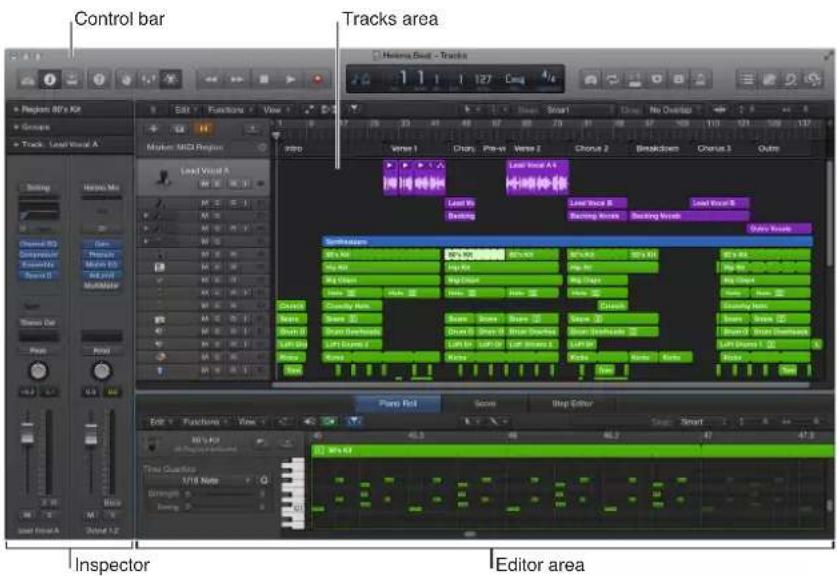 Control bar, Tracks area, Track Bar - tracks, Edit Functions View, Name: MSCI Region, Super, Audio Mode, Channel ID, Catalyst, Tensile, Spool, MultiMask, Level Visual A through Level Visual AI100
