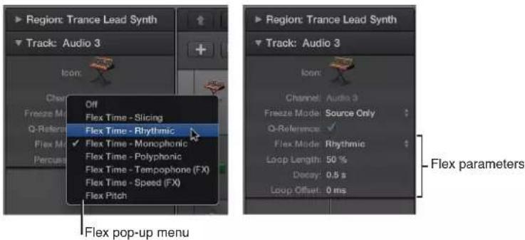 Region: Trance Lead Synth Track: Audio 3 Icon: Cherry Freeze Mode Q-Reference Flex Mode Percuse Off Flex Time - Slicing Flex Time - Rhythmic ✓ Flex Time - Monophonic Flex Time - Polyphonic Flex Time - Tempophone (FX) Flex Time - Speed (FX) Flex Pitch Flex pop-up menu Region: Trance Lead Synth Track:…