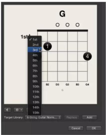 G 1st 1st 2nd 3rd 4th 5th 6th 7th 8th 9th 10th 11th 12th 13th 14th 15th B2 D3 G3 B3 G4 G Target Library: 6-String Guitar Norm... Replace Add Cancel OK