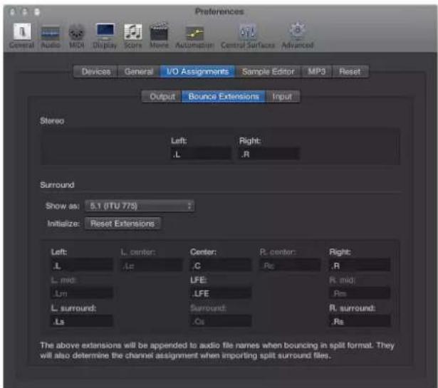 Preferences General Audio MCI Display Score Move Automation Central Surface Advanced Devices General I/O Assignments Sample Editor MP3 Reset Output Bounce Extensions Input Stereo Left: Right: .L.R Surround Show as: 5.1 (ITU 775) : Initialize: Reset Extensions Left: L center: Center: R center: Right:…