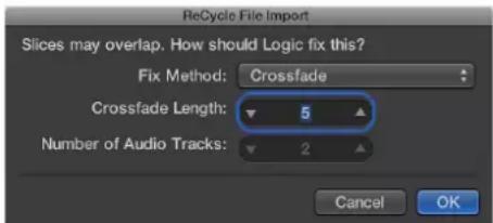 ReCycle File Import Slices may overlap. How should Logic fix this? Fix Method: Crossfade Crossfade Length: 5 Number of Audio Tracks: 2 Cancel OK