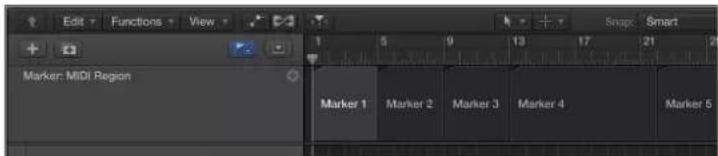 Edit > Functions View Marker: MIDI Region Marker 1 Marker 2 Marker 3 Marker 4 Marker 5 Snap Smart