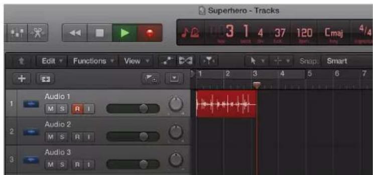 Superhero - Tracks 3 1 4 37 120 Cmaj 4/4 Edit Functions View Audio 1 M S R I Audio 2 M S R I Audio 3 M S R I Snap Smart