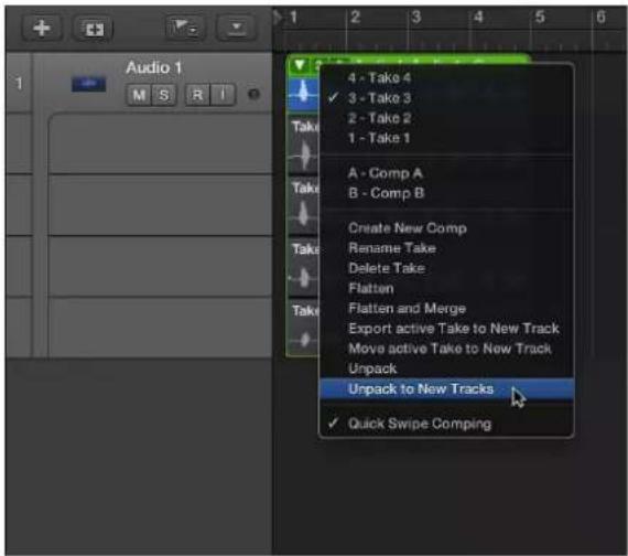 Audio 1 M S R I 4 - Take 4 ✓ 3 - Take 3 2 - Take 2 1 - Take 1 A - Comp A B - Comp B Create New Comp Rename Take Delete Take Flatten Flatten and Merge Export active Take to New Track Move active Take to New Track Unpack Unpack to New Tracks ✓ Quick Swipe Comping