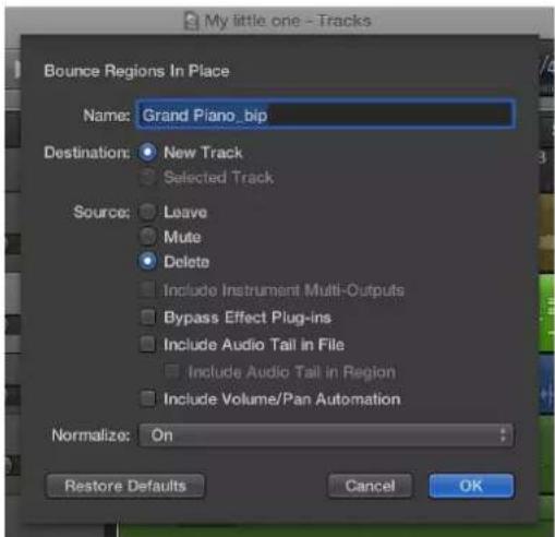 My little one - Tracks Bounce Regions In Place Name: Grand Piano_bip Destination: New Track Selected Track Source: Leave Mute Delete Include Instrument Multi-Outputs Bypass Effect Plug-ins Include Audio Tail in File Include Audio Tail in Region Include Volume/Pan Automation Normalize: On Restore Def…