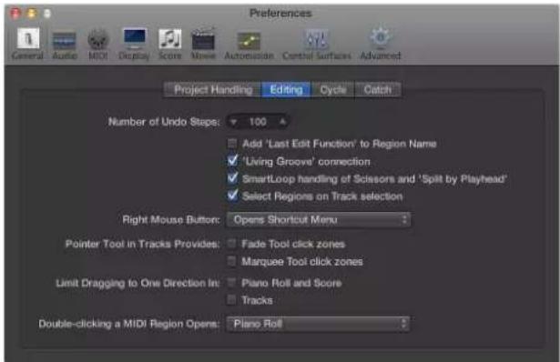 Preferences General Audio MIDI Display Score Mouse Automation Central Surfaces Advanced Project Handling Editing Cycle Catch Number of Undo Steps: 100 Add 'Last Edit Function' to Region Name Living Groove' connection SmartLoop handling of Scissors and 'Split by Playhead' Select Regions on Track sele…
