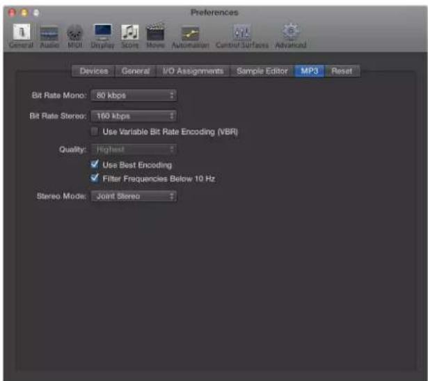 Preferences General Audio MSCI Display Score Move Automation Control Surfaces Advanced Devices General I/O Assignments Sample Editor MP3 Reset Bit Rate Mono: 80 kbps Bit Rate Stereo: 160 kbps Use Variable Bit Rate Encoding (VBR) Quality: Highest ✓ Use Best Encoding ✓ Filter Frequencies Below 10 Hz S…