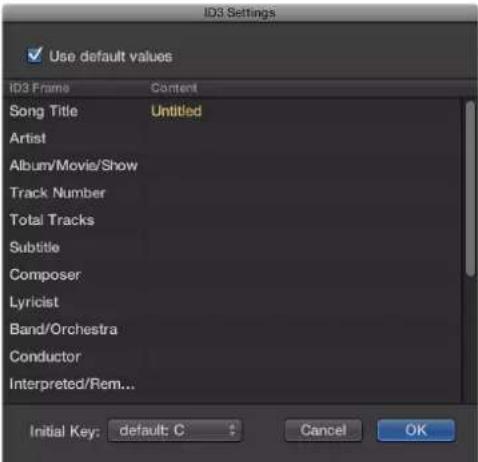 ID3 Settings ✓ Use default values ID3 Frame Current Song Title Untitled Artist Album/Movie/Show Track Number Total Tracks Subtitle Composer Lyricist Band/Orchestra Conductor Interpreted/Rem... Initial Key: default: C Cancel OK