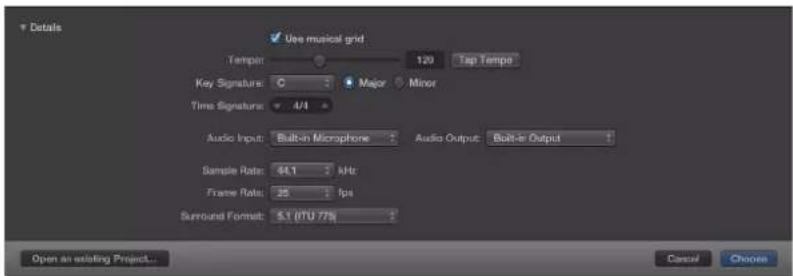 Details Use musical grid Tempo: 120 Tap Tempo Key Signature: C Major / A Minor Time Signature: 4/4 Audio Input: Built-in Microphone Audio Output: Built-in Output Sample Rate: 64.1 kHz Frame Rate: 25 fps Surround Format: 5.1 (ITU 775) Open an existing Project... Cancel Choose