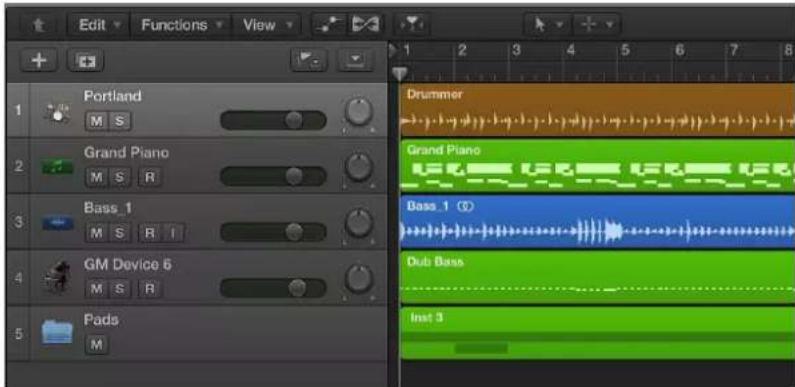 Edit Functions View 1 2 3 4 5 6 7 8 Portland M S Grand Piano M S R Bass 1 M S R I GM Device 6 M S R Pads M Drummer Grand Piano Bass 1 (T) Dub Bass Inst 5