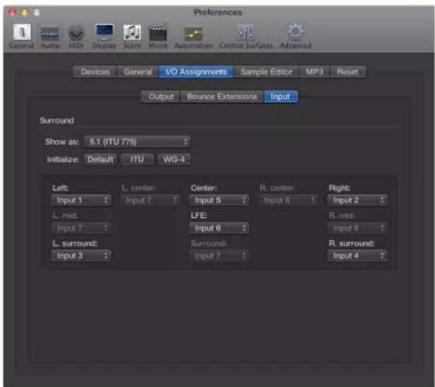 Preferences General Audio MIDI Display Score Movie Automation Control Surfaces Advanced Devices General I/O Assignments Sample Editor MP3 Reset Output Bounce Extensions Input Surround Show as: 5.1 (ITU 775) Initialize: Default ITU WG-4 Left: Input 1 L center: Center: R center: Right: Input 2 L mid:…