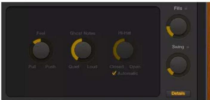 Feel Pull Push Ghost Notes Quiet Loud Hi-Hat Closed Open ✓ Automatic Fills Swing Details