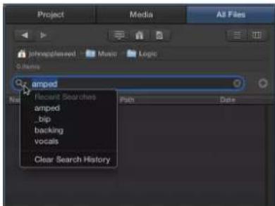 Project Media All Files: Jhreapplanned Music Logic Grains amped Flccerit Searches amped _bip backing vocals Clear Search History