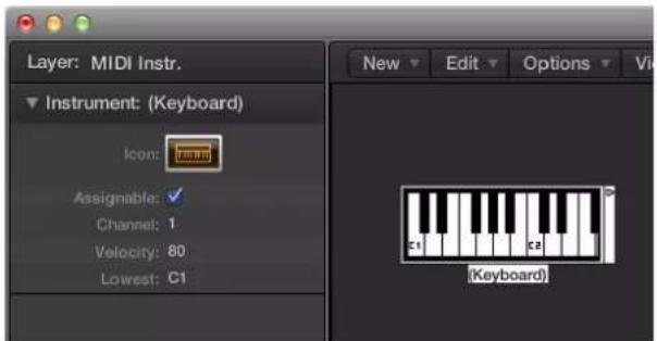 Layer: MIDI Instr. Instrument: (Keyboard) Icon: Assignable: Channel: 1 Velocity: 80 Lowest: C1 New Edit Options Vi Keyboard