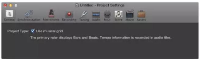 Untitled - Project Settings General Synchronization Metronome Recording Tuning Audio MIDI Score Movie Assets Project Type: ✓ Use musical grid The primary ruler displays Bars and Beats. Tempo information is recorded in audio files.
