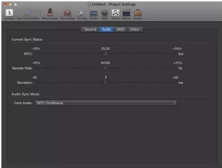 Untitled - Project Settings General Synchronization Metronome Recording Tuning Audio MIDI Score Movie Assets General Audio MIDI Unitor Current Sync Status -10% 25.00 +10% MTC: fps -10% -44100 +10% Sample Rate: Hz -40 0 +40 Deviation: ms Audio Sync Mode Core Audio: MTC Continuous