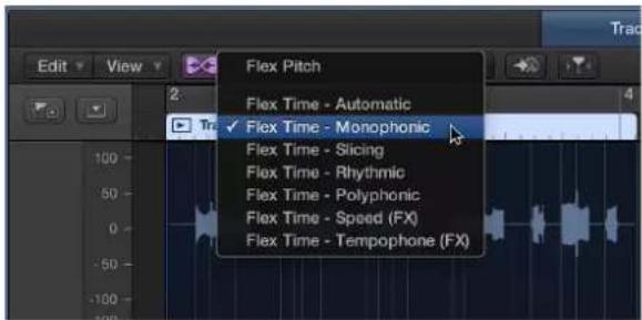 Edit View Flex Pitch Flex Time - Automatic ✓ Flex Time - Monophonic Flex Time - Slicing Flex Time - Rhythmic Flex Time - Polyphonic Flex Time - Speed (FX) Flex Time - Tempophone (FX)