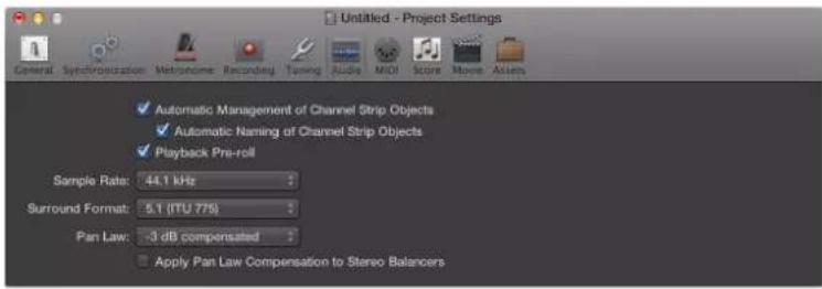 Untitled - Project Settings General Synchronization Metronome Recording Tuning Audio MIDI Score Movie Assets ✓ Automatic Management of Channel Strip Objects ✓ Automatic Naming of Channel Strip Objects ✓ Playback Pre-roll Sample Rate: 44.1 kHz Surround Format: 5.1 (ITU 775) Pan Law: -3 dB compensated…