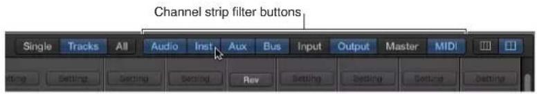 Channel strip filter buttons: Single Tracks, All Audio, Inst, Aux, Bus, Input, Output, Master, MIDI. Setting buttons.