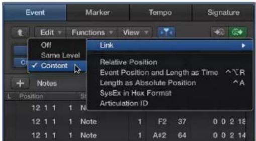 Event, Marker, Tempo, Signature, Edit, Functions, View. Off, Same Level, Content, Link, Relative Position, Event Position and Length as Time, Length as Absolute Position, SysEx in Hex Format, Articulation ID. 12 1 1 1 Note 1 F2 37 0 0 2 18, 12 1 1 1 Note 1 A#2 64 0 0 2 14.