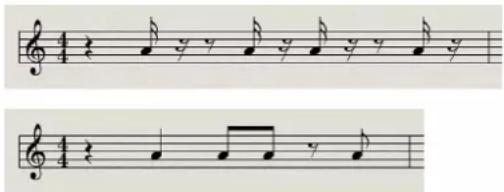 Musical notation with treble and bass clefs, showing notes and rests in 4/4 time signature