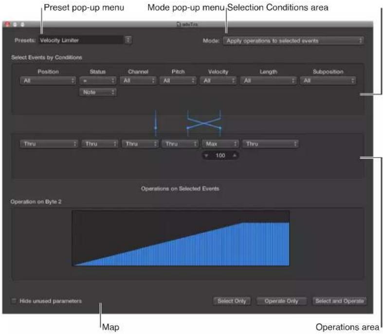 Preset pop-up menu Mode pop-up menu Selection Conditions area Preset: Velocity Limiter Mode: Apply operations to selected events Select Events by Conditions Position Status Channel Pitch Velocity Length Subposition All = All All All All All Note Thru Thru Thru Thru Max Thru 100 Operations on Selecte…