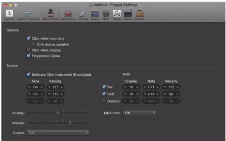 Untitled - Project Settings General Synchronization Metronome Recording Tuning Audio MIDI Score Movie Assets Options ✓ Click while recording □ Only during count-in □ Click while playing ✓ Polyphonic Clicks Source ✓ Software Click Instrument (Klopfgeist) Note Velocity G5 127 C5 112 C2 60 Tonality: Vo…