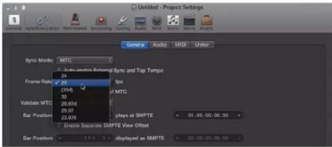 Untitled - Project Settings General Audio MIDI Untor Sync Mode MTC Frame Rate 24 (30x) Validate MTC 29.97d Bar Position 29.97 Enable Separate SMPTE View Offset Bar Position 1:1 1 displayed as SMPTE 01:00:00:00:00