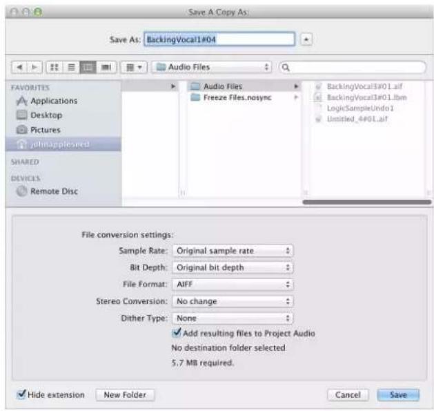 Save A Copy As: Save As: BackingVocal1#04 Audio Files FAVORITES Applications Desktop Pictures jmlmapplesned SHARED DEVICES Remote Disc Audio Files Freeze Files.nosync BackingVocal3#01.laf BackingVocal3#01.lbm LogicSampleUndo1 Untitled_4#01.laf File conversion settings: Sample Rate: Original sample r…