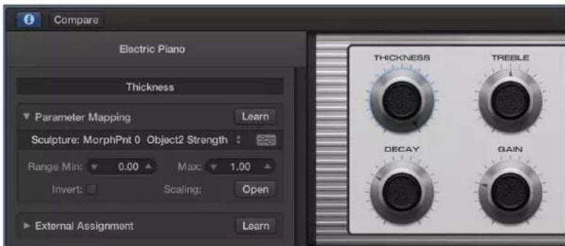 Compare Electric Piano Thickness Parameter Mapping Learn Sculpture: MorphPnt 0 Object2 Strength Range Min: 0.00 Max: 1.00 Invert: Scaling: Open External Assignment Learn THICKNESS TREBLE DECAY GAIN