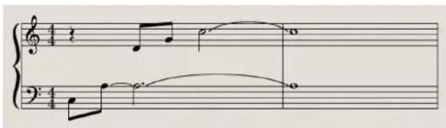 Musical score snippet showing treble and bass clefs with notes and rests in 4/4 time signature