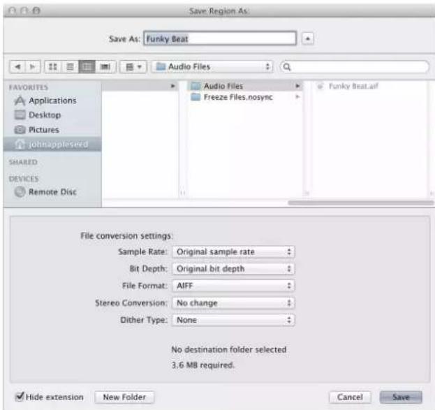 Save Region As: Save As: Funky Beat Audio Files FAVORITES Applications Desktop Pictures johnappleseed SHARED DEVICES Remote Disc Audio files Freeze Files.nosync Funky Beat.aiF File conversion settings: Sample Rate: Original sample rate Bit Depth: Original bit depth File Format: AIFF Stereo Conversio…