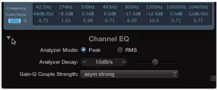 Frequency: 42.5Hz, 174Hz, 200Hz, 445Hz, 800Hz, 1200Hz, 10000Hz, 10400Hz. Gain/Slope: 48dB/Oct, -9.5dB, 0.0dB, 0.0dB, -17.5dB, -12.0dB, 0.0dB, 12dB/Oct. Q: 0.71, 1.10, 0.98, 0.71, 6.20, 10.0, 0.71, 0.71. Channel EQ. Analyzer Mode: Peak RMS. Analyzer Decay: 10dB/s. Gain-Q Couple Strength: asym strong.