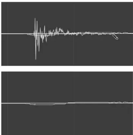 Two-panel waveform image showing a high-frequency oscillation signal and a flat baseline with a small arrow (no text or symbols)