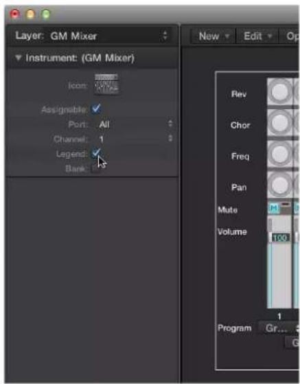 Layer: GM Mixer Instrument: (GM Mixer) Icon: Assignable: Port: All Channel: 1 Legend: Bank: New Edit Op Rev Chor Freq Pan Muto Volume 100 Program Gr...