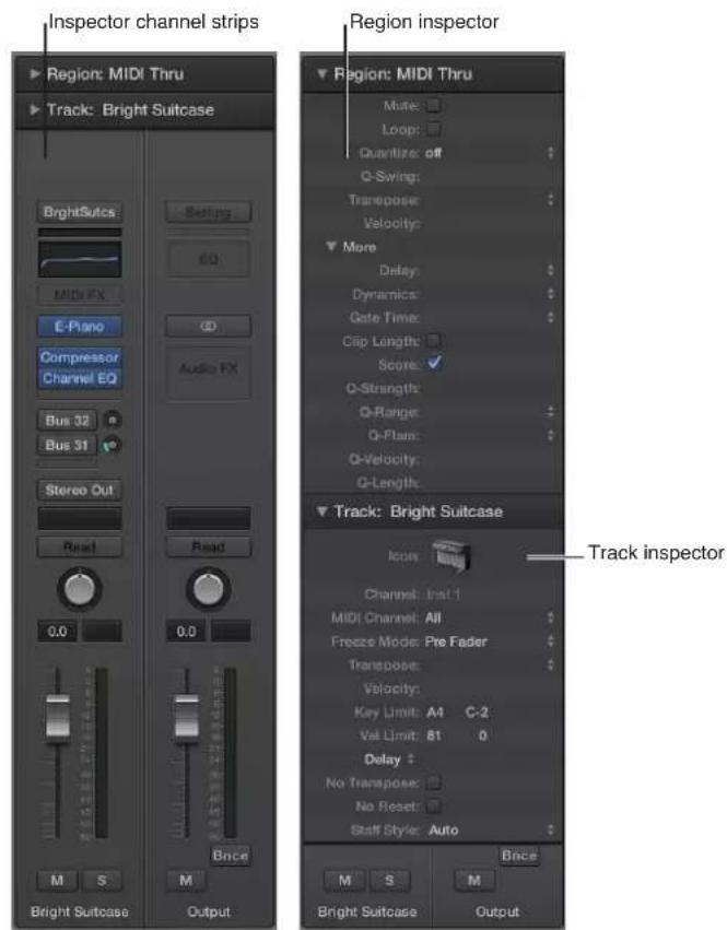 Inspector channel strips Track: Bright Suitcase BrightSuitcases Setting MIDI FX E-Piano Compressor Channel EQ Bus 32 Bus 31 Stereo Out Read Read 0.0 0.0 Bnce M S M Bright Suitcase Output Region inspector Region: MIDI Thru Mute: Loop: Quantize: off Q-Swing: Transpose: Velocity: More Delay: Dynamics:…