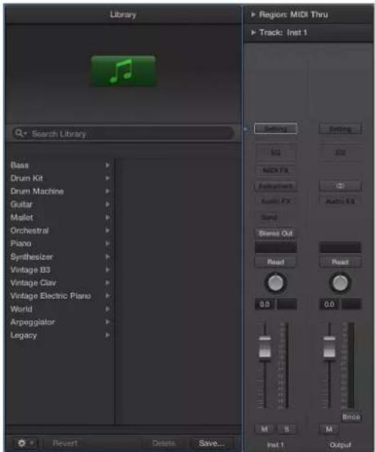 Library Search Library Bass Drum Kit Drum Machine Guitar Mallet Orchestral Piano Synthesizer Vintage B3 Vintage Clay Vintage Electric Piano World Arpeggiator Legacy Region: MIDI Thru Track: Inst 1 Settings M1 MID FX Audio FX Send Starts Out Read Read 0.0 0.0 M S M Input 1 Output