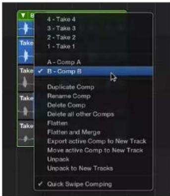 4 - Take 4 3 - Take 3 2 - Take 2 1 - Take 1 A - Comp A ✓ B - Comp B Duplicate Comp Rename Comp Delete Comp Delete all other Comps Flatten Flatten and Merge Export active Comp to New Track Move active Comp to New Track Unpack Unpack to New Tracks ✓ Quick Swipe Comping