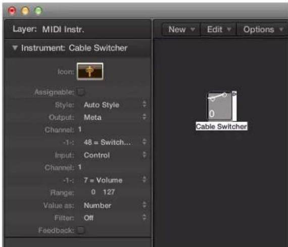 Layer: MIDI Instr. Instrument: Cable Switcher Icon: Assignable: Style: Auto Style Output: Meta Channel: 1 -1: 48 = Switch... Input: Control Channel: 1 -1: 7 = Volume Range: 0 127 Value as: Number Filter: Off Feedback: New Edit Options Cable Switcher