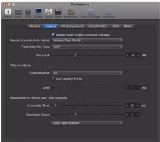 Preferences General Audio MIDI Display Score Movie Automation Control Surfaces Advanced Devices General I/O Assignments Sample Editor MP3 Reset ✓ Display audio engine overload message Sample Accurate Automation: Volume, Pan, Sends Recording File Type: AIFF Dim Level: -20 dB Plug-in Latency Compensat…