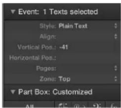 Event: 1 Texts selected. Style: Plain Text. Align: Vertical Pos.: -41. Horizontal Pos.: Pages: Zone: Top. Part Box: Customized.