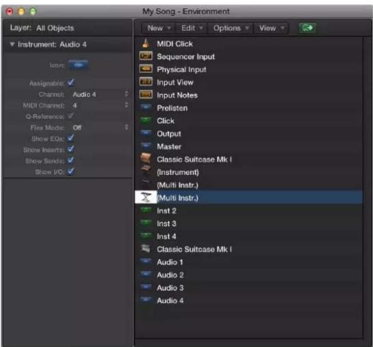 My Song - Environment Layer: All Objects Instrument: Audio 4 Icon: Assignable: ✓ Channel: Audio 4 MIDI Channel: 4 Q-Reference: ✓ Flex Mode: Off Show EQs: ✓ Show Inserts: ✓ Show Sends: ✓ Show I/O: ✓ New Edit Options View MIDI Click Sequencer Input Physical Input Input View Input Notes Prelisten Click…