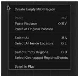 Create Empty MIDI Region, Paste, Paste Replace, Paste at Original Position, Select All, Select All Inside Locators, Select Empty Regions, Select Overlapped Regions/Events, Scroll in Play.