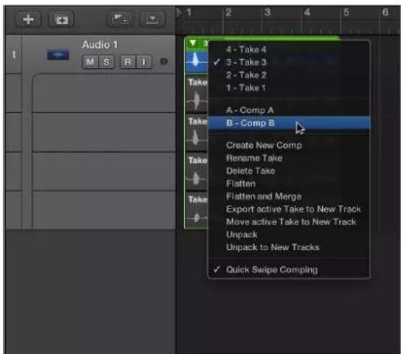 Audio 1 M S R I 4 - Take 4 ✓ 3 - Take 3 2 - Take 2 1 - Take 1 A - Comp A Take B - Comp B Create New Comp Rename Take Delete Take Flatten Flatten and Merge Export active Take to New Track Move active Take to New Track Unpack Unpack to New Tracks ✓ Quick Swipe Comping