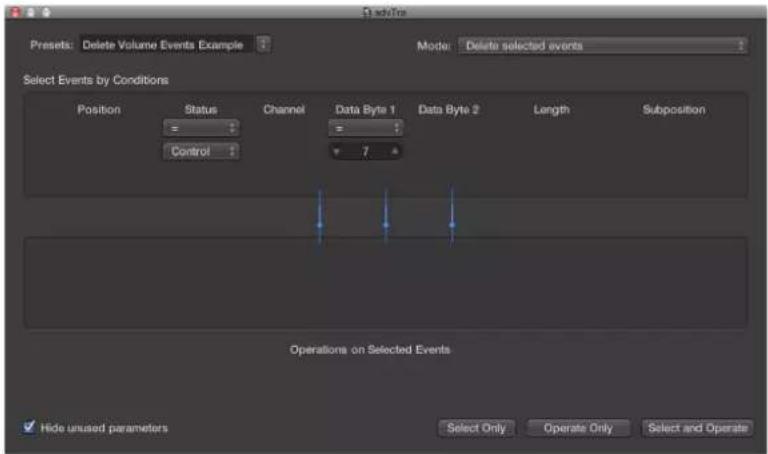 Presets: Delete Volume Events Example Mode: Delete selected events Select Events by Conditions Position Status Channel Data Byte 1 Data Byte 2 Length Subposition = = 7 Operations on Selected Events Hide unused parameters Select Only Operate Only Select and Operate