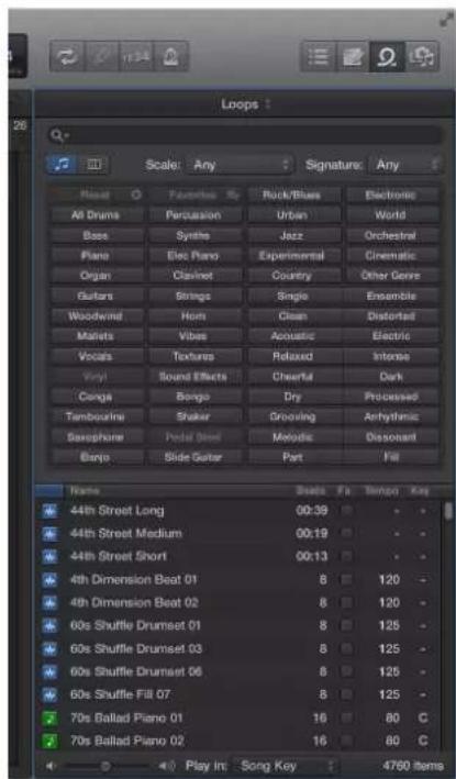Loops: Scale: Any, Signature: Any, Float, Favorites, Rock/Blues, Electronic, All Drums, Percussion, Urban, World, Bass, Synths, Jazz, Orchestral, Piano, Elec Piano, Experimental, Cinematic, Organ, Clarinet, Country, Other Genres, Gutters, Strings, Single, Ensemble, Woodwind, Hum, Clean, Distorted, M…