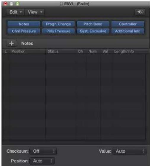 ENV1 - (Fader) Edit View Notes Program Change Pitch Bend Controller Channel Pressure Poly Pressure System Exclusive Additional Info + Notes L Position Status Ch Num Val Length/Info Checksum: Off Value: Auto Position: Auto