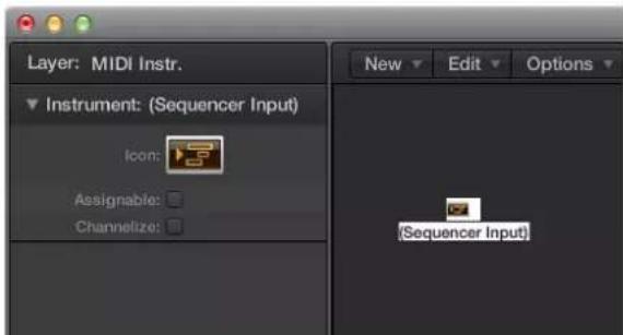 Layer: MIDI Instr. Instrument: (Sequencer Input) Icon: Assignable: Channelize: New Edit Options (Sequencer Input)