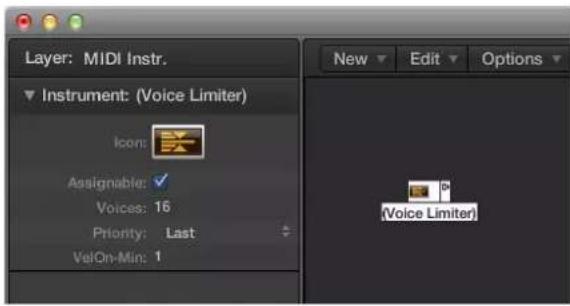 Layer: MIDI Instr. Instrument: (Voice Limiter) Icon: Assignable: Voices: 16 Priority: Last VelOn-Min: 1 New Edit Options (Voice Limiter)